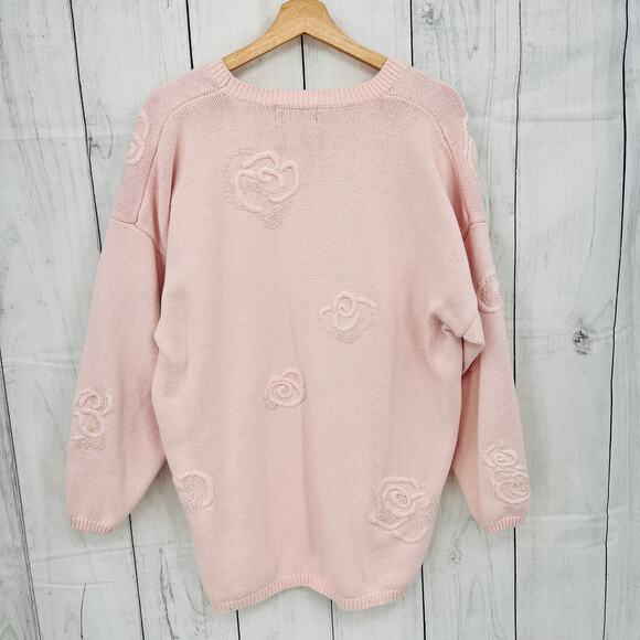 VINTAGE 90s LARGE Womens Pastel Pink Oversized Beaded Floral Sweater Clasiques - Picture 2 of 8